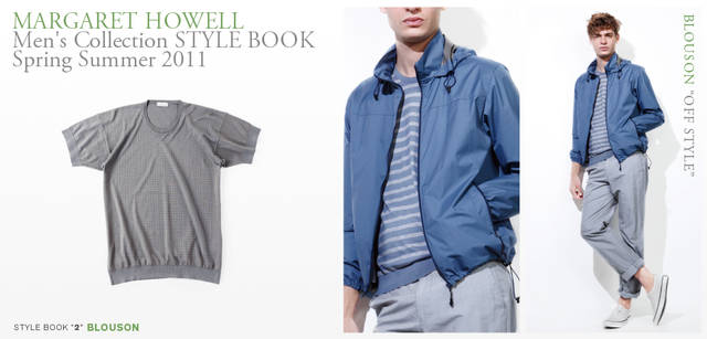 <strong> MARGARET HOWELL｜マーガレット・ハウエル</strong>　2011春夏メンズコレクション<br>ジョンスメドレー社製ニット2万8350円（マーガレット・ハウエル）、モデル／ブルゾン3万450円、ニット2万8350円、トラウザーズ2万7300円（すべてマーガレット・ハウエル）、スニーカー1万3650円（MHL.）