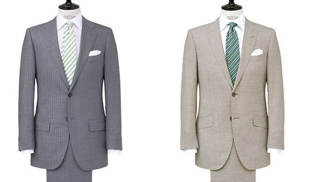 <strong>united arrows green label relaxing｜グリーンレーベル リラクシング</strong>　「REDA×グリーンレーベル リラクシング」のエクスクルーシブ「VALLEMOSSO」シリーズ<br>左／ジャケット2万7300円、トラウザーズ1万2600円、シャツ6930円、タイ7980円（すべてグリーンレーベル リラクシング）、右／ジャケット 2万7300円、パンツ1万2600円、シャツ6930円、タイ8925円（すべてグリーンレーベル リラクシング）