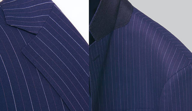 <strong>united arrows green label relaxing｜グリーンレーベル リラクシング</strong>　「REDA×グリーンレーベル リラクシング」のエクスクルーシブ「VALLEMOSSO」シリーズ<br>左／ラペルの薄さは正確かつ丁寧なつくりのしるし。右／ジャケットの肩に手を入れてみて自然に肩先部分が前に出るのは、肩まわりが立体的につくられている証拠。