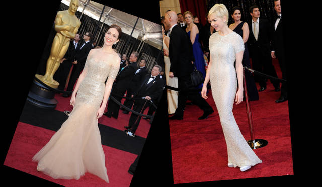 <strong>第83回アカデミー賞 リポート！</strong>　Mandy Moore , Michelle Williams｜マンディ・ムーア、ミシェル・ウィリアムズ 　マンディ・ムーアはヌーディカラーにビジューが煌くようなドレスを纏って登場。足もとはジミー チュウのビジュー付きシューズ。ミシェル・ウィリアムズはシャネルのドレスに、マンディとおなじくジミー チュウのシューズ。 ©Gettyimages.com