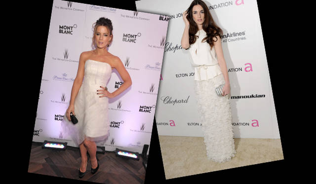<strong>第83回アカデミー賞 リポート！</strong>　Kate Beckinsale , Paz Vega｜ケイト・ベッキンセール、パズ・ヴェガ　 ケイト・ベッキンセールは白のミニドレスに、ジミー チュウのクラッチバッグとシューズを履いて。レザーディテールがほどこされた、サルヴァトーレ フェラガモのシルバークラッチバッグを手にしたパズ・ヴェガ。