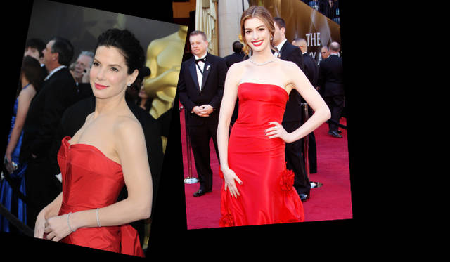 <strong>第83回アカデミー賞 リポート！</strong>　Sandra Bullock , Ann Hathaway｜サンドラ・ブロック、アン・ハサウェイ　 鮮烈な赤のドレスに、ルージュのポイントメイクが華やかなふたり。サンドラ・ブロックはヴェラ・ウォンのドレスに、イヤリングとバングルともにハリーウィンストンのプラチナジュエリーを身に着けた。アン・ハサウェイはヴァレンティノのドレスに、ティファニーのプラチナジュエリーを纏って。©StarTraksPhoto.com　©Getty Images