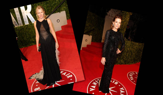 <strong>第83回アカデミー賞 リポート！</strong>　Naomi Watts , Kate Beckinsale｜ナオミ・ワッツ、ケイト・ベッキンセール　 左／サルヴァトーレ フェラガモのブラックレザーのディテールはほどこされたゴールドメタルのクラッチで登場したナオミ・ワッツ。右／『ヴァニティフェア』アフターパーティでのケイト・ベッキンセール。ジュリアン マクドナルドのドレスに、ロジェ・ヴィヴィエのクラッチバッグをオン。©Gettyimages