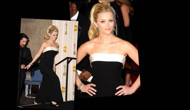 <strong>第83回アカデミー賞 リポート！</strong>　Reese Witherspoon｜リース・ウィザースプーン　 ロジェ・ヴィヴィエのオープントゥサンダル、“Neil Lane”のプラチナジュエリーを身に着けたリース・ウィザースプーン。バイカラーのシックなドレスに身を包んで。©StarTraksPhoto.com