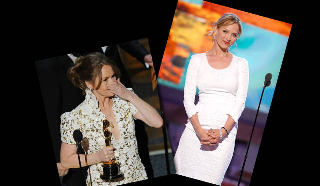 <strong>第83回アカデミー賞 リポート！</strong>　Melissa Leo , Uma Thurman｜メリッサ・レオ、ユマ・サーマン　 左／『ザ・ファイター』で助演女優賞を受賞したメリッサ・レオは2.05カラットのFOREVERMARKダイヤモンド ドロップイヤリングをセレクト。右／ユマ・サーマンはシンプルな白のドレスに、FOREVERMARKダイヤモンド ドロップ イヤリングに5連ダイヤモンドブレスレットを着けて。