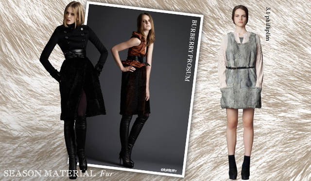<strong>Chapter.04｜シーズン感を演出するマテリアルにフォーカス！</strong><br />秋冬シーズン、欠かせないのがファーアイテム。アウターで取り入れるのはもちろん、トップスやボトムス、またディテールと、コーディネイトにさりげなく取り入れるのがポイントだ。　左から BURBERRY PRORSUM（バーバリー プローサム）、3.1 Phillip Lim（3.1 フィリップ リム）