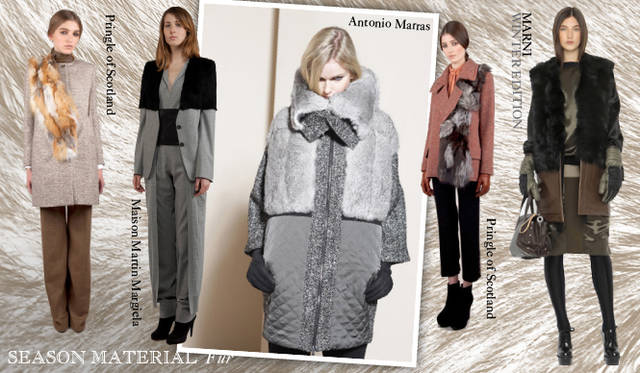 <strong>Chapter.04｜シーズン感を演出するマテリアルにフォーカス！</strong><br />秋冬シーズン、欠かせないのがファーアイテム。アウターで取り入れるのはもちろん、トップスやボトムス、またディテールと、コーディネイトにさりげなく取り入れるのがポイントだ。　左から Pringle of Scotland（プリングル オブ スコットランド）、Maison Martin Margiela（メゾン マルタン マルジェラ）、Antonio Marras（アントニオ・マラス）、Pringle of Scotland（プリングル オブ スコットランド）、MARNI WINTER EDITION（マルニ ウィンターエディション）