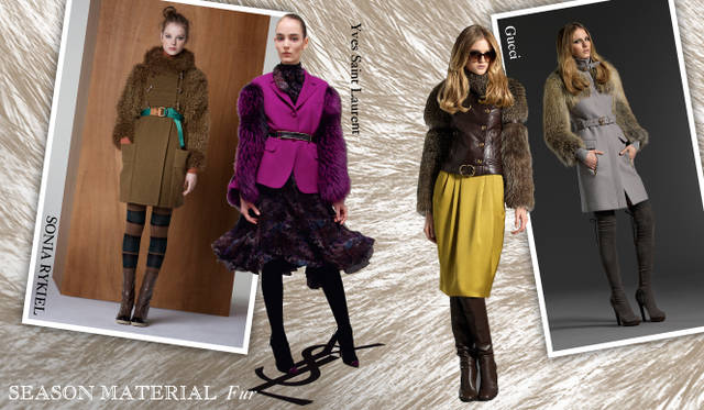 <strong>Chapter.04｜シーズン感を演出するマテリアルにフォーカス！</strong><br />秋冬シーズン、欠かせないのがファーアイテム。アウターで取り入れるのはもちろん、トップスやボトムス、またディテールと、コーディネイトにさりげなく取り入れるのがポイントだ。　左から SONIA RYKIEL（ソニア・リキエル）、Yves Saint Laurent（イヴ・サンローラン）、Gucci（グッチ）