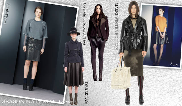 <strong>Chapter.04｜シーズン感を演出するマテリアルにフォーカス！</strong><br />アウターではなく、スカートやドレスなどのアイテムでレザーを取り入れるスタイルが今年らしい。<br />左から 3.1 Phillip Lim（3.1 フィリップ リム）、DEREK LAM（デレク ラム）、Givenchy by Riccardo Tisci（ジバンシィ バイ リカルド ティッシ）、MARNI WINTER EDITION（マルニ ウィンターエディション）、Acne（アクネ）
