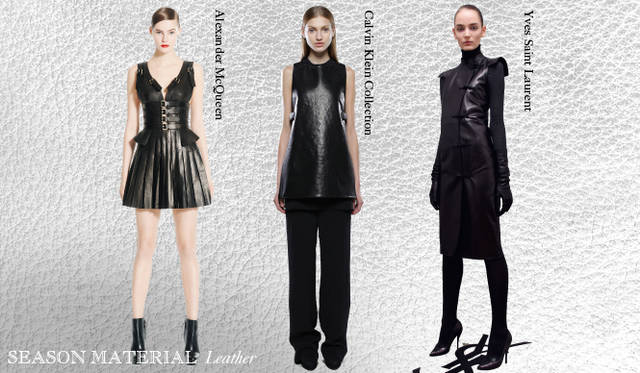 <strong>Chapter.04｜シーズン感を演出するマテリアルにフォーカス！</strong><br />アウターではなく、スカートやドレスなどのアイテムでレザーを取り入れるスタイルが今年らしい。<br />左から Alexander McQueen（アレキサンダー・マックイーン）、Calvin Klein Collection（カルバン・クライン コレクション）、Yves Saint Laurent（イヴ・サンローラン）