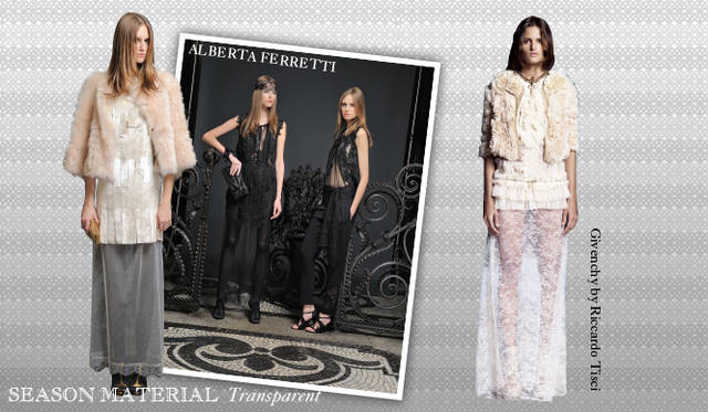 <strong>Chapter.04｜シーズン感を演出するマテリアルにフォーカス！</strong><br />ファーやレザーといったシーズンズマテリアルのほかに、注目したいキーワードがトランスペアレント。パーティーシーズンを意識したドレスから、ディテールで取り入れたアイテムなど、重たくなりがちな秋冬スタイルに軽さとフェミニニティを取り入れて。<br />左から ALBERTA FERRETTI（アルベルタフェレッティ）、Givenchy by Riccardo Tisci（ジバンシィ バイ リカルド ティッシ）