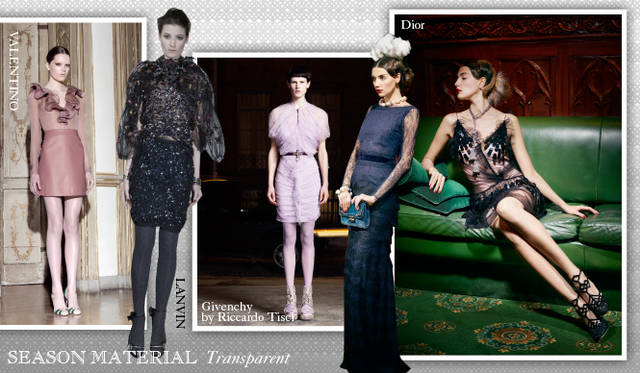 <strong>Chapter.04｜シーズン感を演出するマテリアルにフォーカス！</strong><br />ファーやレザーといったシーズンズマテリアルのほかに、注目したいキーワードがトランスペアレント。パーティーシーズンを意識したドレスから、ディテールで取り入れたアイテムなど、重たくなりがちな秋冬スタイルに軽さとフェミニニティを取り入れて。<br />左から VALENTINO（ヴァレンティノ）、LANVIN（ランバン）、Givenchy by Riccardo Tisci（ジバンシィ バイ リカルド ティッシ）、Dior（ディオール）