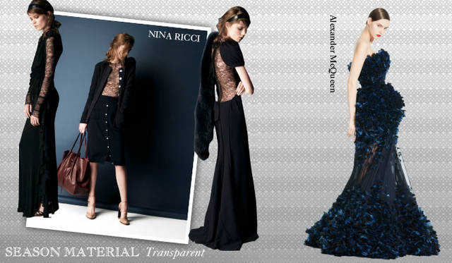 <strong>Chapter.04｜シーズン感を演出するマテリアルにフォーカス！</strong><br />ファーやレザーといったシーズンズマテリアルのほかに、注目したいキーワードがトランスペアレント。パーティーシーズンを意識したドレスから、ディテールで取り入れたアイテムなど、重たくなりがちな秋冬スタイルに軽さとフェミニニティを取り入れて。<br />左から NINA RICCI（ニナ リッチ）、Alexander McQueen（アレキサンダー・マックイーン）