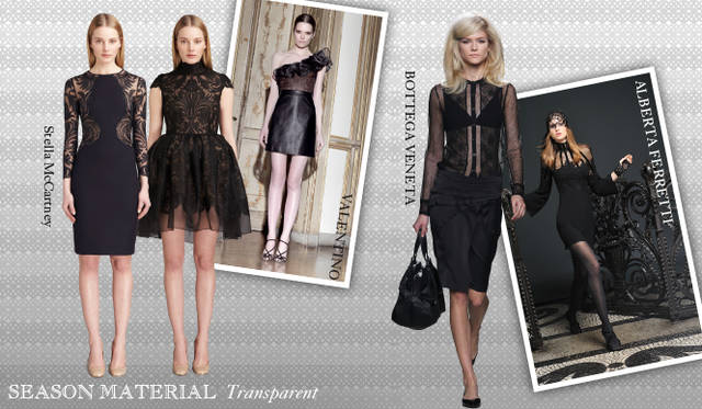 <strong>Chapter.04｜シーズン感を演出するマテリアルにフォーカス！</strong><br />ファーやレザーといったシーズンズマテリアルのほかに、注目したいキーワードがトランスペアレント。パーティーシーズンを意識したドレスから、ディテールで取り入れたアイテムなど、重たくなりがちな秋冬スタイルに軽さとフェミニニティを取り入れて。<br />左から Stella McCartney（ステラマッカートニー）、VALENTINO（ヴァレンティノ）、BOTTEGA VENETA（ボッテガ・ヴェネタ）、ALBERTA FERRETTI（アルベルタフェレッティ）