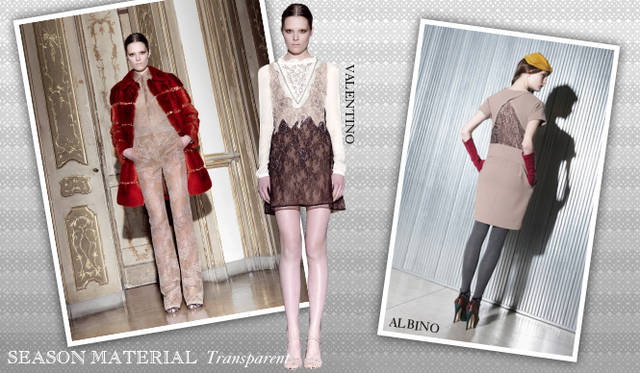 <strong>Chapter.04｜シーズン感を演出するマテリアルにフォーカス！</strong><br />ファーやレザーといったシーズンズマテリアルのほかに、注目したいキーワードがトランスペアレント。パーティーシーズンを意識したドレスから、ディテールで取り入れたアイテムなど、重たくなりがちな秋冬スタイルに軽さとフェミニニティを取り入れて。<br />左から VALENTINO（ヴァレンティノ）、ALBINO（アルビノ）