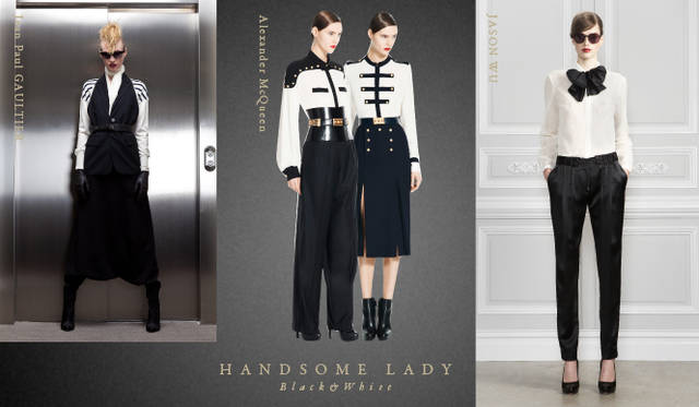 <strong>Chapter.05｜ハンサムレディ</strong>　カジュアルなリラックススタイルとおなじく注目したいのが膝下丈のスカートやボリュームのあるトラウザーズ、マニッシュなクロップトパンツやセットアップでつくるハンサムなレディスタイル。<br />左から Jean Paul GAULTIER（ジャンポール・ゴルチエ）、Alexander McQueen（アレキサンダー・マックイーン）、JASON WU（ジェイソン ウー）