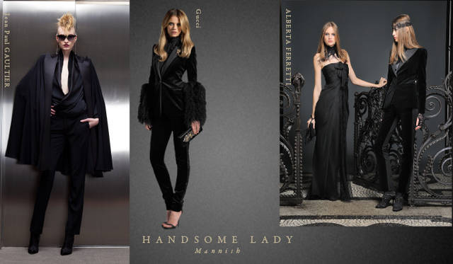 <strong>Chapter.05｜ハンサムレディ</strong>　カジュアルなリラックススタイルとおなじく注目したいのが膝下丈のスカートやボリュームのあるトラウザーズ、マニッシュなクロップトパンツやセットアップでつくるハンサムなレディスタイル。<br />左から Jean Paul GAULTIER（ジャンポール・ゴルチエ）、Gucci（グッチ）、ALBERTA FERRETTI（アルベルタフェレッティ）