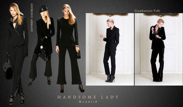 <strong>Chapter.05｜ハンサムレディ</strong>　カジュアルなリラックススタイルとおなじく注目したいのが膝下丈のスカートやボリュームのあるトラウザーズ、マニッシュなクロップトパンツやセットアップでつくるハンサムなレディスタイル。<br />左から GIORGIO ARMANI（ジョルジオ アルマーニ）、Giambattista Valli（ジャンバティスタ・バリ）