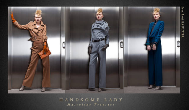 <strong>Chapter.05｜ハンサムレディ</strong>　カジュアルなリラックススタイルとおなじく注目したいのが膝下丈のスカートやボリュームのあるトラウザーズ、マニッシュなクロップトパンツやセットアップでつくるハンサムなレディスタイル。<br />Jean Paul GAULTIER（ジャンポール・ゴルチエ）