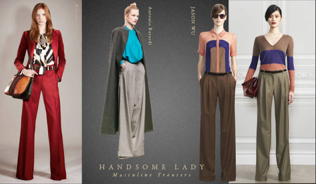<strong>Chapter.05｜ハンサムレディ</strong>　カジュアルなリラックススタイルとおなじく注目したいのが膝下丈のスカートやボリュームのあるトラウザーズ、マニッシュなクロップトパンツやセットアップでつくるハンサムなレディスタイル。<br />左から Jean Paul GAULTIER（ジャンポール・ゴルチエ）、Roberto Cavalli（ロベルト カヴァリ）、Antonio Berardi（アントニオ ベラルディ）、JASON WU（ジェイソン ウー）