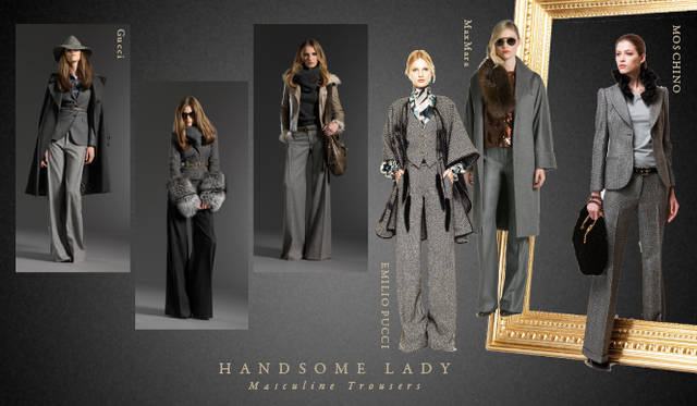 <strong>Chapter.05｜ハンサムレディ</strong>　カジュアルなリラックススタイルとおなじく注目したいのが膝下丈のスカートやボリュームのあるトラウザーズ、マニッシュなクロップトパンツやセットアップでつくるハンサムなレディスタイル。<br />左から Gucci（グッチ）、EMILIO PUCCI（エミリオ・プッチ）、MaxMara（マックスマーラ）、MOSCHINO（モスキーノ）