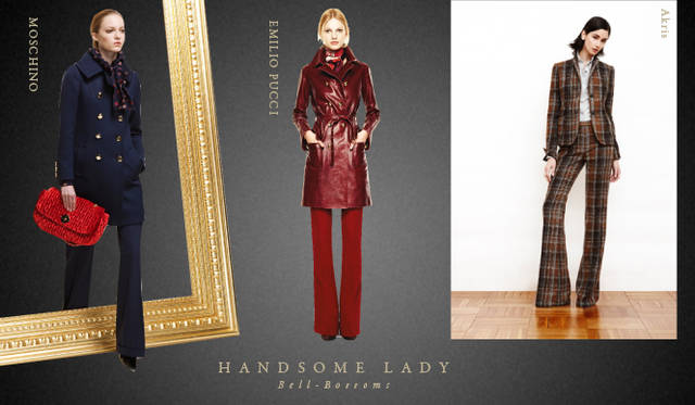 <strong>Chapter.05｜ハンサムレディ</strong>　カジュアルなリラックススタイルとおなじく注目したいのが膝下丈のスカートやボリュームのあるトラウザーズ、マニッシュなクロップトパンツやセットアップでつくるハンサムなレディスタイル。<br />左から MOSCHINO（モスキーノ）、EMILIO PUCCI（エミリオ・プッチ）、Akris（アクリス）