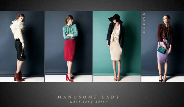 <strong>Chapter.05｜ハンサムレディ</strong>　カジュアルなリラックススタイルとおなじく注目したいのが膝下丈のスカートやボリュームのあるトラウザーズ、マニッシュなクロップトパンツやセットアップでつくるハンサムなレディスタイル。<br />NINA RICCI（ニナ リッチ）