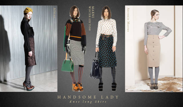 <strong>Chapter.05｜ハンサムレディ</strong>　カジュアルなリラックススタイルとおなじく注目したいのが膝下丈のスカートやボリュームのあるトラウザーズ、マニッシュなクロップトパンツやセットアップでつくるハンサムなレディスタイル。<br />左から ALBINO（アルビーノ）、MARNI WINTER EDITION（マルニ ウィンターエディション）、Antonio Marras（アントニオ・マラス）