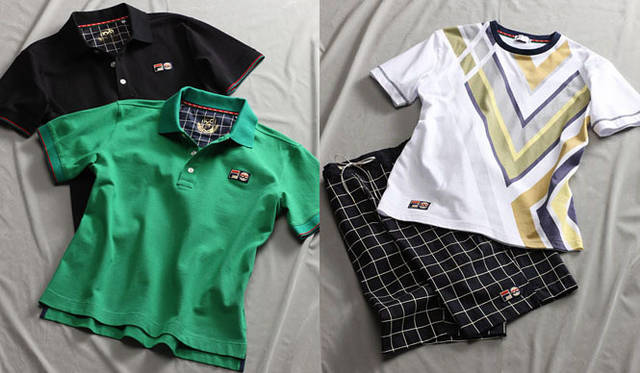<strong>FILA｜フィラ</strong>　Men’s｜左／コットン100％のピマ鹿の子をベースに100周年記念ダブルワッペンを配したポロは6色展開。Polo Shirt (T8111092) 9975円、右／Tシャツの斬新な切り替えデザインはアーカイブよりモディファイ。T Shirt (T811294) 5880円、Half Pants (T8111995) 9345円
