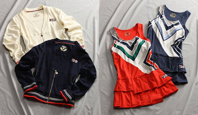 <strong>FILA｜フィラ</strong>　Women’s｜左／ボルグジャケットをポップにカーディガンタイプにモディファイ。Jacket (T8122490) 各1万4700円、右／FILA ビンテージのスイムウェアからインスパイアされたパターンを贅たくにプリントで表現。One Piece (T8121891) 各1万5750円