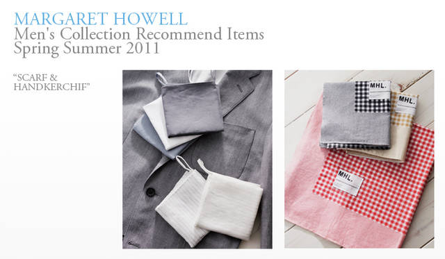 <strong> MARGARET HOWELL｜マーガレット・ハウエル</strong>　左／ハンカチ各3150円（マーガレット・ハウエル）、右／スカーフ各5250円（MHL.）
