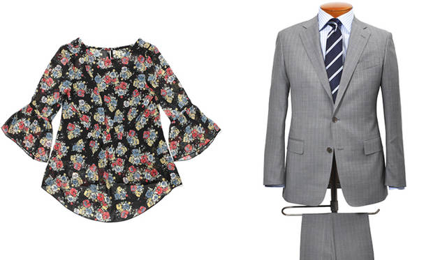 <strong>BARNEYS NEW YORK｜バーニーズ　ニューヨーク</strong>　バーニーズ　ニューヨーク神戸店1周年 左／神戸店限定スペシャルプライス ウィメンズドレス/ブラウス/チュニック各種7350円（限定計150点）、右／神戸店限定スペシャルプライス「BARNEYS NEW YORK」スーツ(フルオーダー) 10万5000円（合計20着限定/バーニーズ　ニューヨーク神戸店 B1）