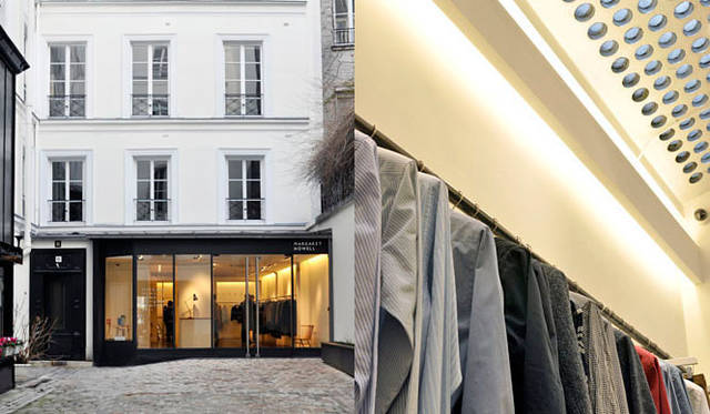 <strong> MARGARET HOWELL｜マーガレット・ハウエル</strong>　MARGARET HOWELL MENS AUTUMN WINTER 2011-12 at MARGARET HOWELL PARIS SHOP　左／まるでギャラリーのようなたたずまい。右／18世紀の工場当時の光取り用天井のガラスを残した店づくり。