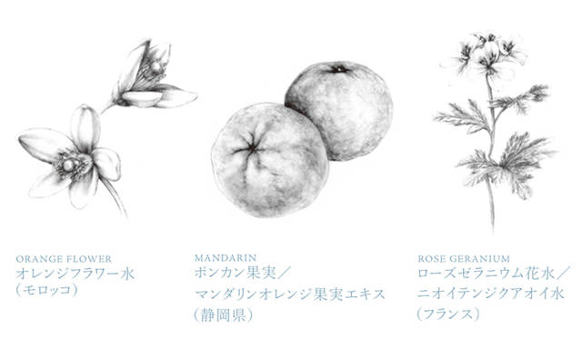 <strong>THREE｜スリー</strong> <strong><br />オレンジフラワー水（モロッコ）</strong>｜皮膚細胞賊活作用、保水作用あり。水分、NMF、脂質の分泌バランスを保つ肌のホメオスタシスに役立つ。<br /><strong>ポンカン果実／マンダリンオレンジ果実エキス（静岡県）</strong>｜エキスでありながら、精油成分を多くふくむ。抗酸化作用、保湿作用、くすみの改善などの働きをもつ。<br /><strong>ローズゼラニウム花水／ニオイテンジクアオイ水（フランス）</strong>｜収斂作用、殺菌作用、皮脂分泌調整作用がある。混合肌、乾燥肌、脂性肌、老化肌と、すべてのスキンタイプに有効。
