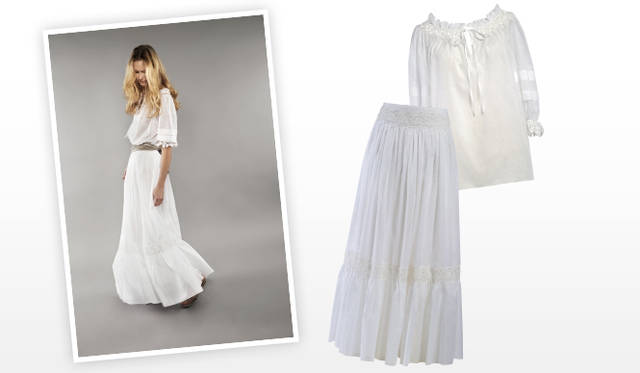 <strong>Alberta Ferretti│アルベルタ フェレッティ 「pure threads」</strong> レースとリボンがフェミニニティ溢れるモスリンのロングスリーブシャツと、コットンのロングスカートを組み合わせてボヘミアン調の着こなしに。ロングスリーブシャツ 6万2500円、ロングスカート8万1200円（ともにアルベルタ フェレッティ「pure threads」／アエッフェ・ジャパン）