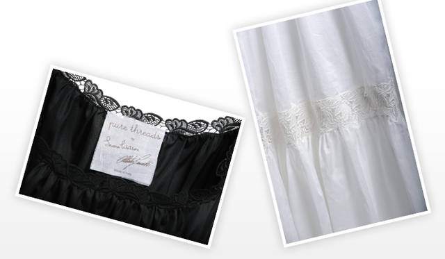 <strong>Alberta Ferretti│アルベルタ フェレッティ 「pure threads」</strong> 左／「pure threads」のオリジナルラベル。エマ・ワトソンとアルベルタ・フェレッティのサインが入れられている。右／随所にほどこされたエンブロイダリー。