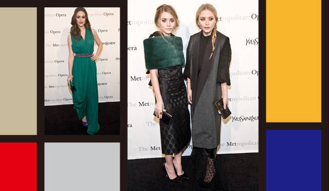 <strong>YVES SAINT LAURENT｜イヴ・サンローラン</strong> 左／エミー・ロッサム（女優・歌手）、右／アシュリー・オルセン（女優）とメアリー・ケイト・オルセン（女優）　　Images credit : Zandy Mangold/KillDisco Design 