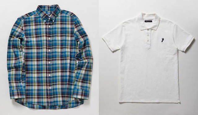 <strong>TOYO KITCHEN｜トーヨーキッチン</strong>　「WHEREABOUTS」　左／太く短い繊維が特徴のインド綿のざっくりとした風合いとボタンダウン衿が、上品なカジュアルを演出。ボタンダウンシャツ1万4700円。右／通常のポロシャツに使用されるカノコ生地より厚みのある30／2のコーマ糸を使用し、胸にブランドロゴのワンポイント刺繍入り。ポロシャツ1万500円