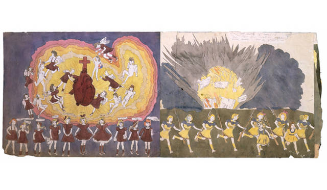 <strong>ART｜ヘンリー・ダーガー展～アメリカン・イノセンス。純真なる妄想が導く「非現実の王国で」</strong><br />左から『サリー・フィルダー、デイジー、へティ、ヴァイオレット、アンジェリニア・アーロンバーグ、ジョイス、ジェニー、アンジェリン、キャサリン、マージョリー・マスターズ』『マルコチノの第二戦、グランデリニアンが仕掛けた破壊的爆発からも逃走。』<br />Collection of Kiyoko Lerner ©Kiyoko Lerner,2011