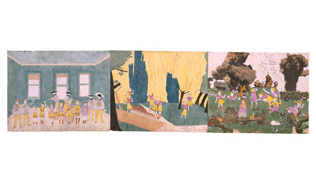 <strong>ART｜ヘンリー・ダーガー展～アメリカン・イノセンス。純真なる妄想が導く「非現実の王国で」</strong><br />左から『ノーマを経由して、ジュロ・カロにて。二度グランデリニアンに捕まるが、命からがら逃げる。』『オズモンドソンの後。森林火災と姿の見えない敵、グランデリニアンに追われるヴィヴィアン・ガールズ』『グロリニアのアーロンバーグ・ランにて。ヴィヴィアン・ガールズはグランデリニアンの砲撃を受ける。神に感謝するがよい。破裂弾の大爆発には距離があった。』<br />Collection of Kiyoko Lerner ©Kiyoko Lerner,2011