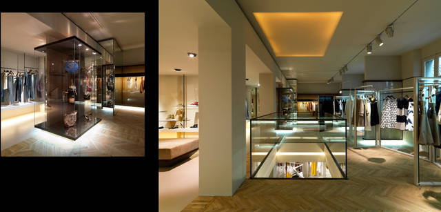 <strong>SPORTMAX｜スポーツマックス</strong>　もともと住宅だった2階部分の天井や窓などをそのまま残すなどといったモダンななかに人の手の入った雰囲気を調和させ、コンテンポラリーとビンテージ要素の融合とコントラストを表現。