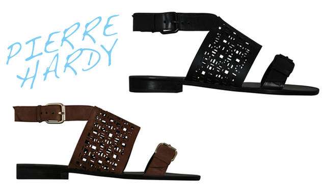 <strong>PIERRE HARDY｜ピエール アルディ</strong>　左下／スウェードサンダル 7万6650円、右上／カーフレザーのサンダル 7万6650円（ピエール アルディ／ステディ スタディ）　Tel. 03-5469-7110