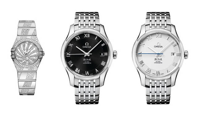 <strong>OMEGA｜オメガ</strong>　左／「コンステレーション ジュエリー」467万2500円、中央、右／「デ・ヴィル コーアクシャル 8500」各61万9500円