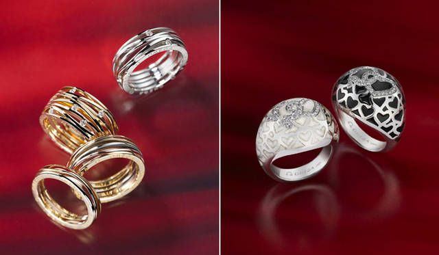 <strong>OMEGA｜オメガ</strong>　左／「RING“AQUA”(リング アクア)」11万5500円～、右／「RING“I LOVE YOU” (リング アイラブユー)」各39万9000円（18KWG白、黒エナメル）