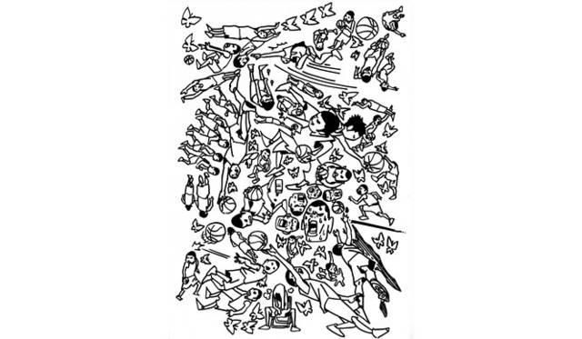 <strong>NIKE｜ナイキ</strong>　＜井上雄彦氏描き下ろしデザイン＞　走っている高校生、汗をかいている高校生、疲れて座り込んでいる高校生、転んでいる高校生、そこには部活のワンシーンが無数に描かれている。部活動の情景が刻み込まれたこのデザインは、井上氏のバスケットボールに対する思いそのものとなっている。