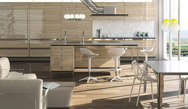 <strong>TOYO KITCHEN｜トーヨーキッチン</strong>　キッチン「INO（イノ）」<br>INO Zebra Bianco L（ゼブラビアンコL）。CD-LANDに充実した壁面収納を組み合わせたプラン。ドアカラー：Zebra Bianco L（ゼブラビアンコL）、スツール：Spoon、照明：24PEARLS、ダイニングテーブル：Atlanta、ダイニングチェア：MASTERS 、ダイニングテーブル上の照明：Yellow Light、ソファ：POP、テーブル：Zero-in。