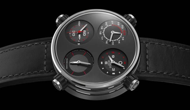 <strong>MECCANICHE VELOCI｜メカニケ・ヴェローチ</strong>　4つあるインダイヤルの左下の1つのみが秒針＆日付つき。こちらをホームタイムにする使いかたが一般的。「クアトロヴァルヴォレ エボリューション48」50万4000円（予価）。9月発売予定。