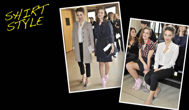 <strong>セレブリティスナップから読み解くリアルトレンド！</strong>　ミュウミュウのコレクション会場に登場した、女優のヴァレリア・ビレッロとジャスミン・トリンカ。サブリナパンツに白シャツをインしたヴァレリアのスタイルは、いつの時代もコケティッシュな着こなしの代表格。ここではジャスミンのソックスづかいにも注目したい。