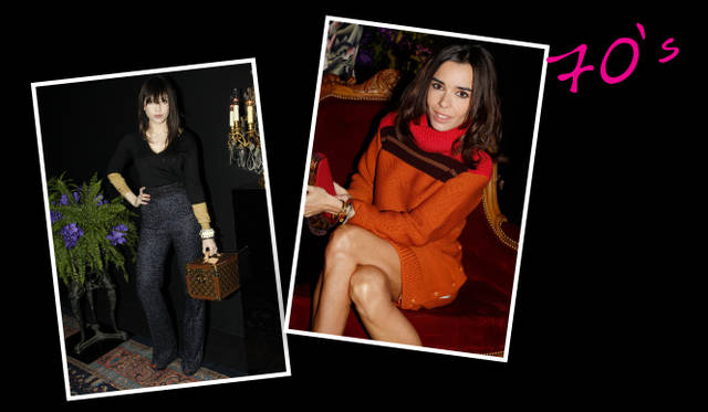 <strong>セレブリティスナップから読み解くリアルトレンド！</strong>　セブンティ―ズの着こなしと言えば、バギーパンツとざっくりニットワンピースの存在は欠かせない。デイジー・ロウは、黒のトップスにデニムのバギーパンツを合わせてシンプル＆シックな70Sスタイルに。エロディ・ブシューズはニットワンピースでリラックスした雰囲気にまとめた。　Copyrights Louis Vuitton/Bertrand Rindoff Petroff-Mazen Saggar