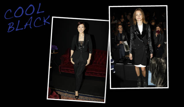 <strong>セレブリティスナップから読み解くリアルトレンド！</strong>　シック＆エレガント派の黒の着こなし。光たく感のあるシルクがほどこされたタキシードふうジャケットを着こなしたのは、女優のコン・リー。ナタリア・ヴォディアノヴァは白ドレスの上にダブルの黒コートを。　Copyrights Louis Vuitton/Bertrand Rindoff Petroff-Mazen Saggar